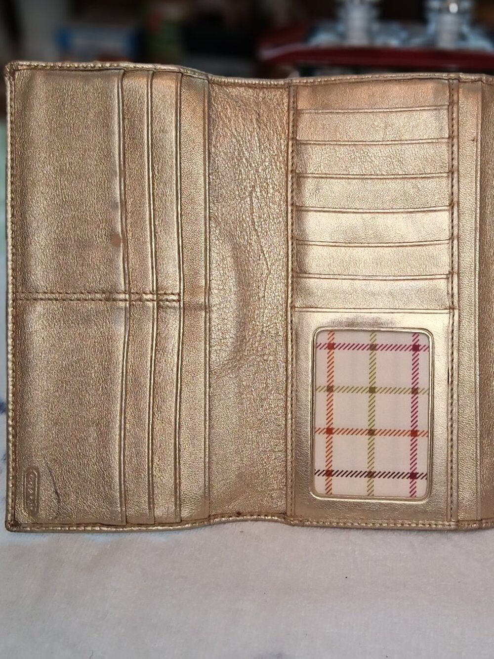 Coach Signature Metallic Gold Trim Small Flap Bag – Plaid Lining, Buckle Detail - Picture 7 of 14